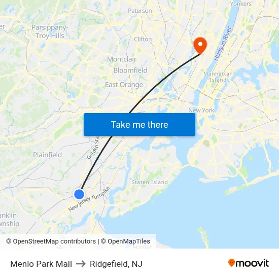 Menlo Park Mall to Ridgefield, NJ map