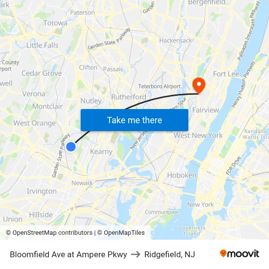 Bloomfield Ave at Ampere Pkwy to Ridgefield, NJ map