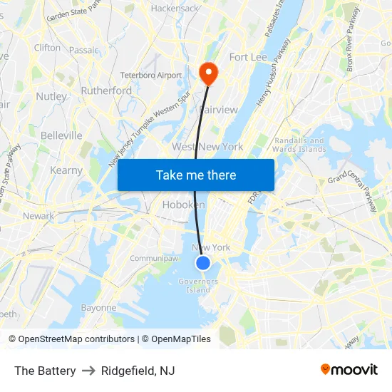 The Battery to Ridgefield, NJ map