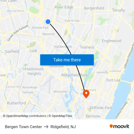 Bergen Town Center to Ridgefield, NJ map