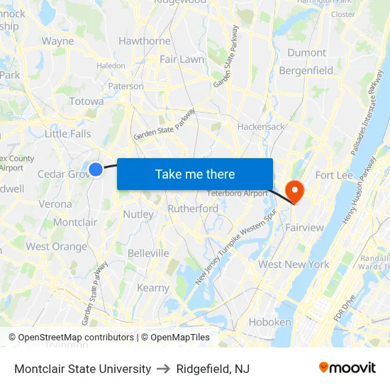 Montclair State University to Ridgefield, NJ map