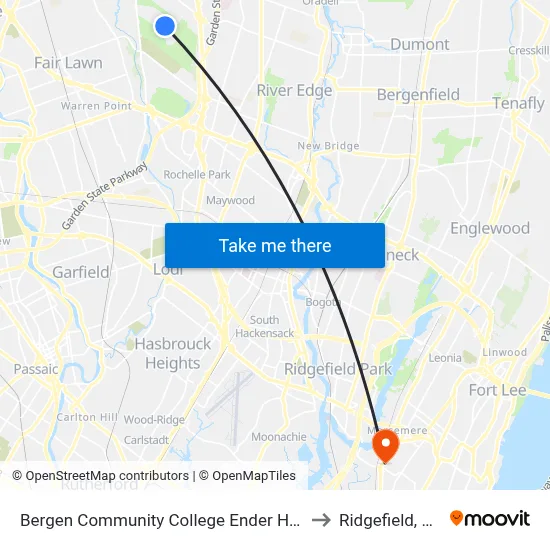 Bergen Community College Ender Hall to Ridgefield, NJ map