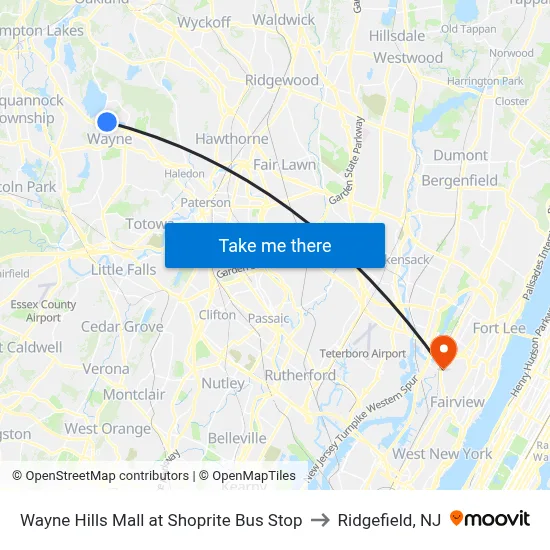 Wayne Hills Mall at Shoprite Bus Stop to Ridgefield, NJ map