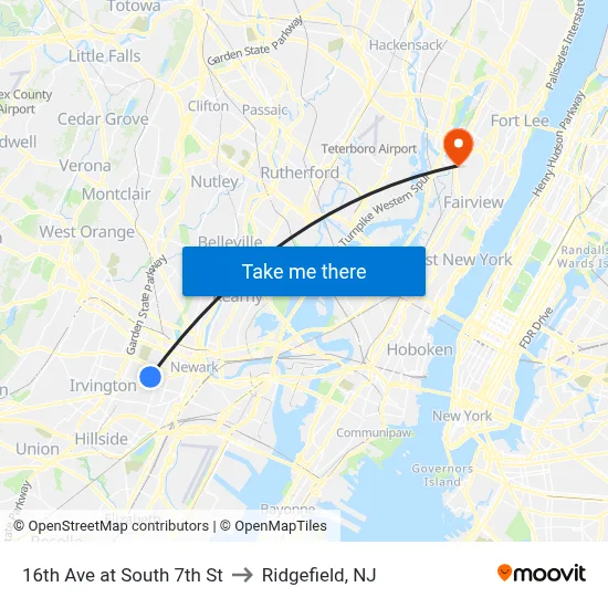 16th Ave at South 7th St to Ridgefield, NJ map