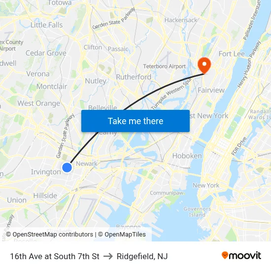 16th Ave at South 7th St to Ridgefield, NJ map