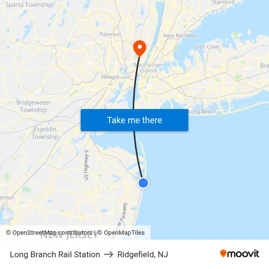 Long Branch Rail Station to Ridgefield, NJ map
