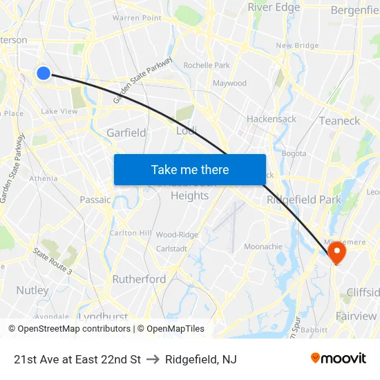 21st Ave at East 22nd St to Ridgefield, NJ map