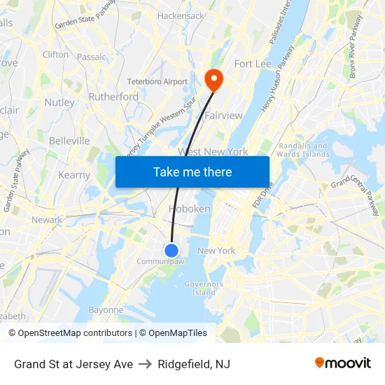 Grand St at Jersey Ave to Ridgefield, NJ map