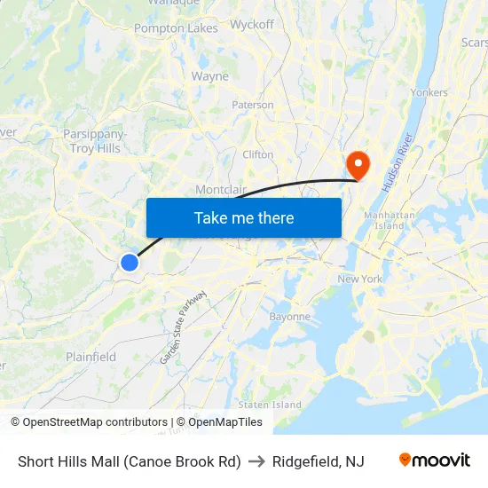 Short Hills Mall (Canoe Brook Rd) to Ridgefield, NJ map