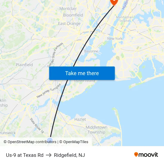 Us-9 at Texas Rd to Ridgefield, NJ map