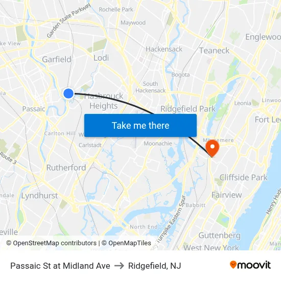Passaic St at Midland Ave to Ridgefield, NJ map