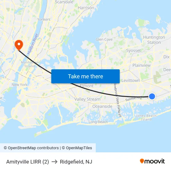 Amityville LIRR (2) to Ridgefield, NJ map