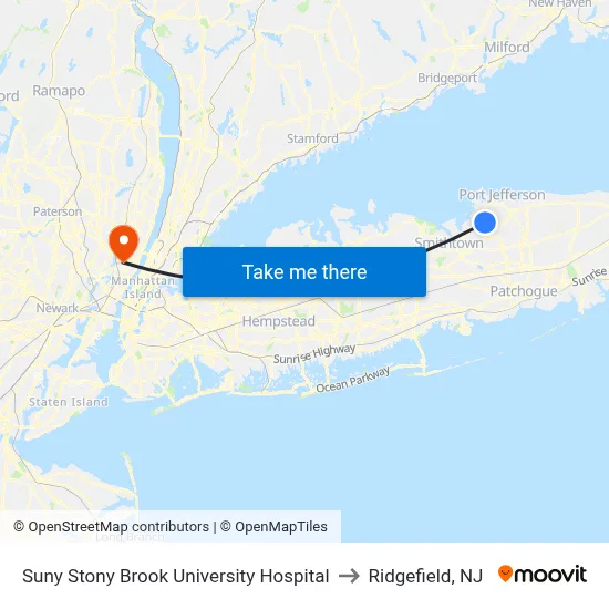 Suny Stony Brook University Hospital to Ridgefield, NJ map