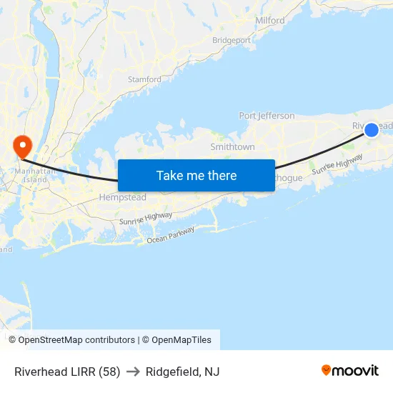 Riverhead LIRR (58) to Ridgefield, NJ map
