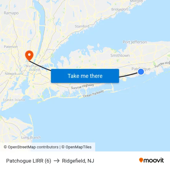 Patchogue LIRR (6) to Ridgefield, NJ map