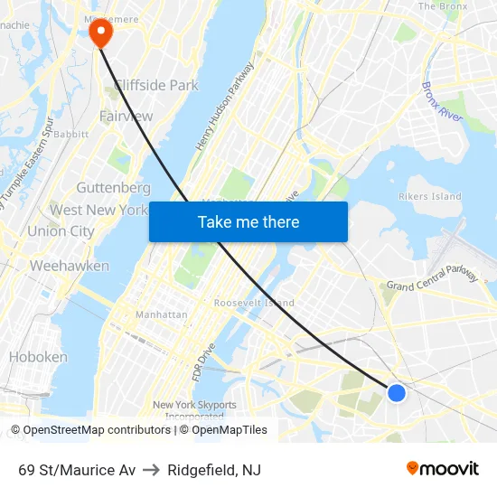 69 St/Maurice Av to Ridgefield, NJ map