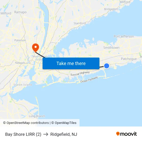 Bay Shore LIRR (2) to Ridgefield, NJ map