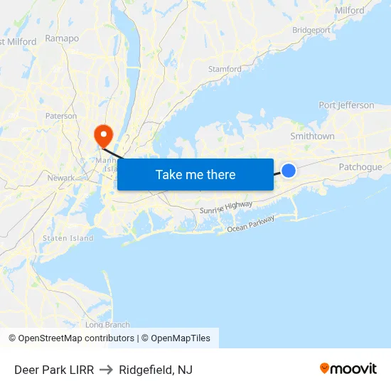 Deer Park LIRR to Ridgefield, NJ map