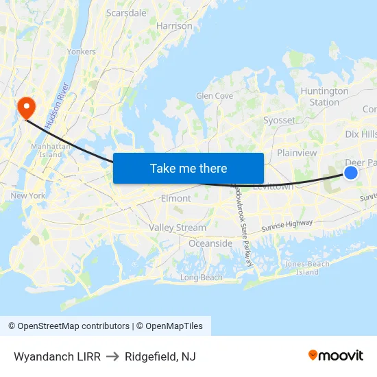 Wyandanch LIRR to Ridgefield, NJ map
