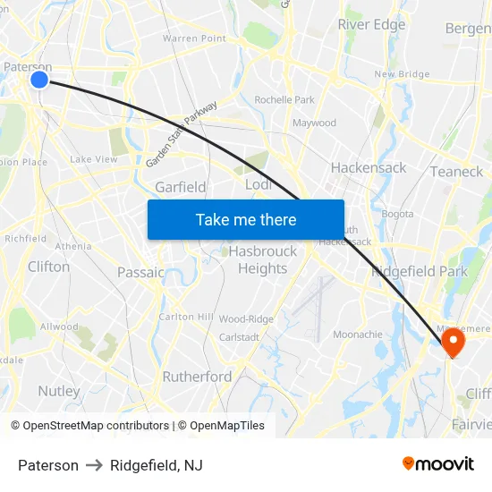 Paterson to Ridgefield, NJ map