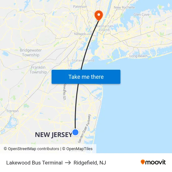 Lakewood Bus Terminal to Ridgefield, NJ map