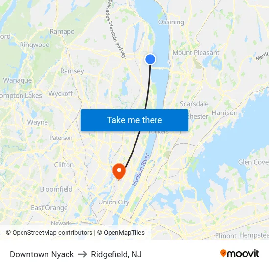 Downtown Nyack to Ridgefield, NJ map