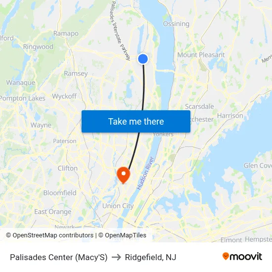 Palisades Center (Macy'S) to Ridgefield, NJ map