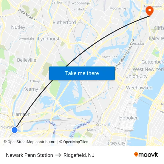 Newark Penn Station to Ridgefield, NJ map
