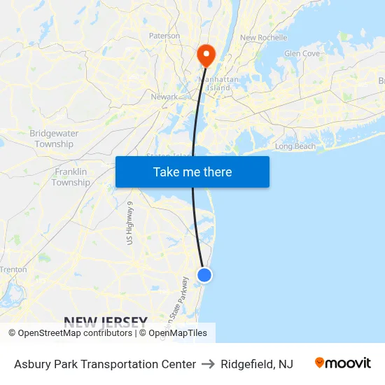 Asbury Park Transportation Center to Ridgefield, NJ map
