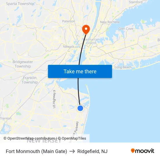 Fort Monmouth (Main Gate) to Ridgefield, NJ map
