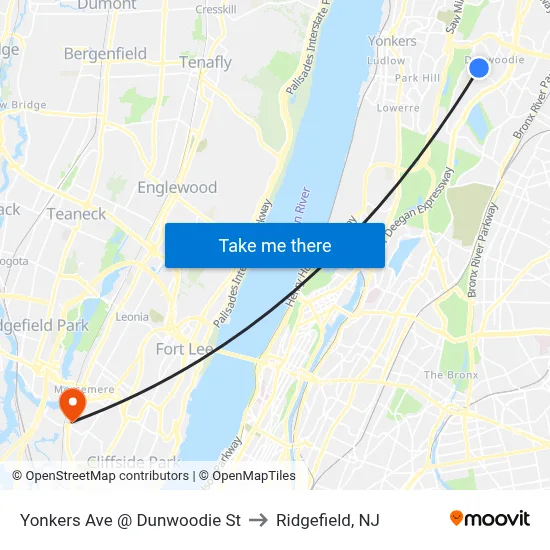 Yonkers Ave @ Dunwoodie St to Ridgefield, NJ map
