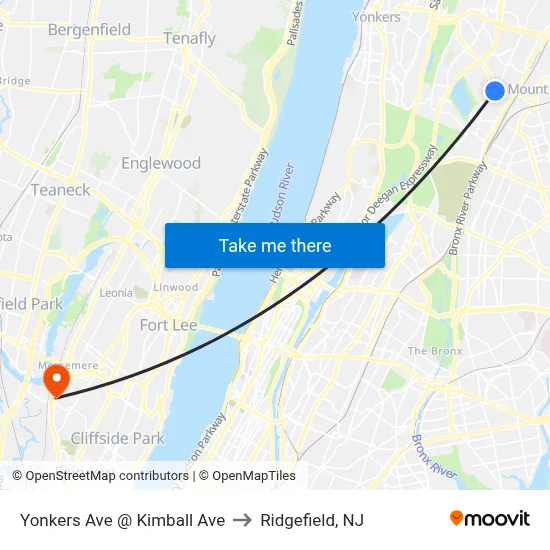 Yonkers Ave @ Kimball Ave to Ridgefield, NJ map