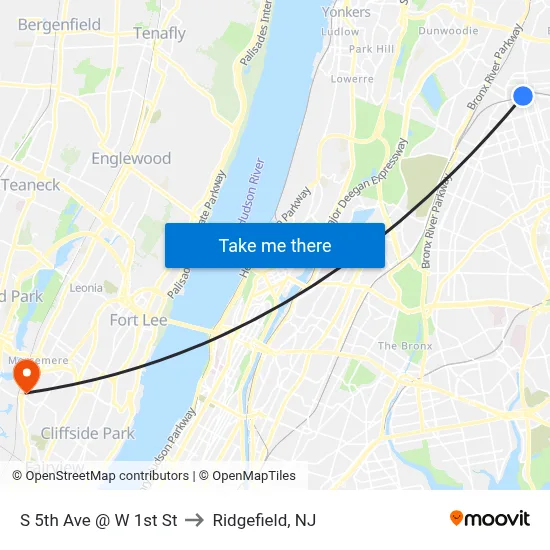 S 5th Ave @ W 1st St to Ridgefield, NJ map
