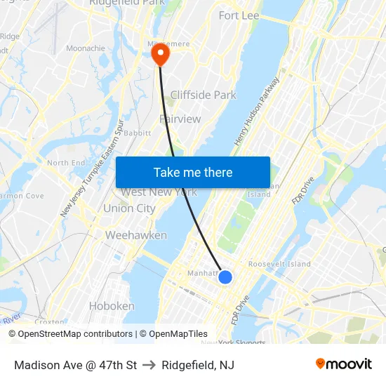 Madison Ave @ 47th St to Ridgefield, NJ map