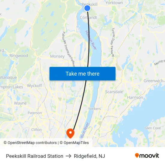 Peekskill Railroad Station to Ridgefield, NJ map