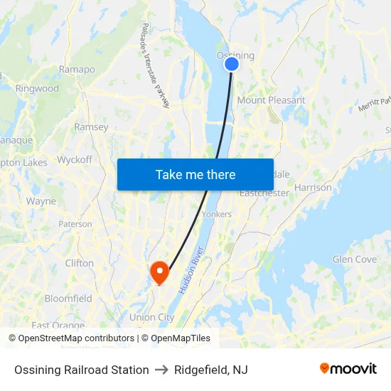Ossining Railroad Station to Ridgefield, NJ map
