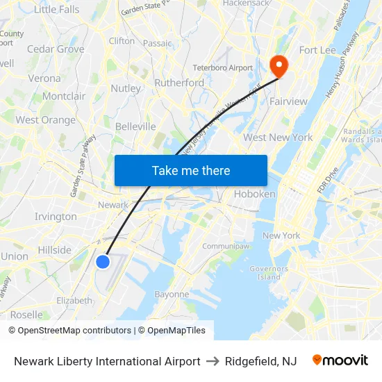 Newark Liberty International Airport to Ridgefield, NJ map