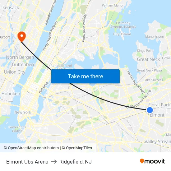 Elmont-Ubs Arena to Ridgefield, NJ map