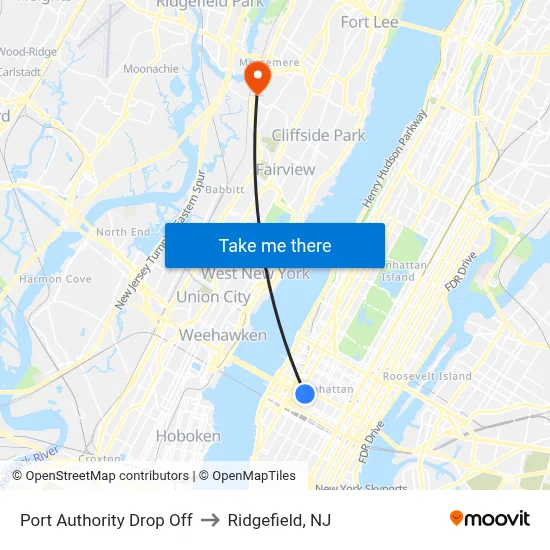 Port Authority Drop Off to Ridgefield, NJ map