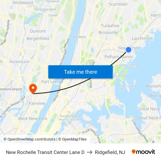 New Rochelle Transit Center Lane D to Ridgefield, NJ map