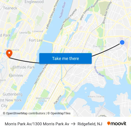 Morris Park Av/1300 Morris Park Av to Ridgefield, NJ map