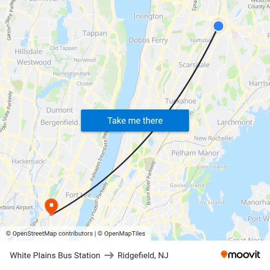 White Plains Bus Station to Ridgefield, NJ map