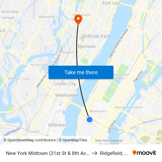 New York Midtown (31st St & 8th Ave) to Ridgefield, NJ map