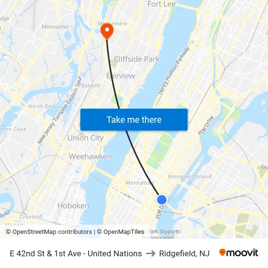 E 42nd St & 1st Ave - United Nations to Ridgefield, NJ map