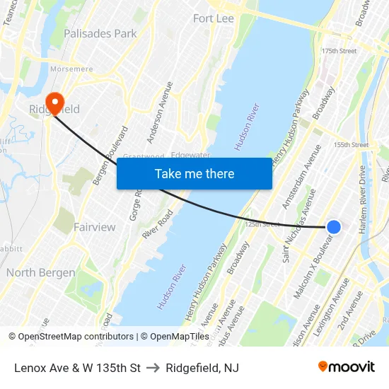 Lenox Ave & W 135th St to Ridgefield, NJ map
