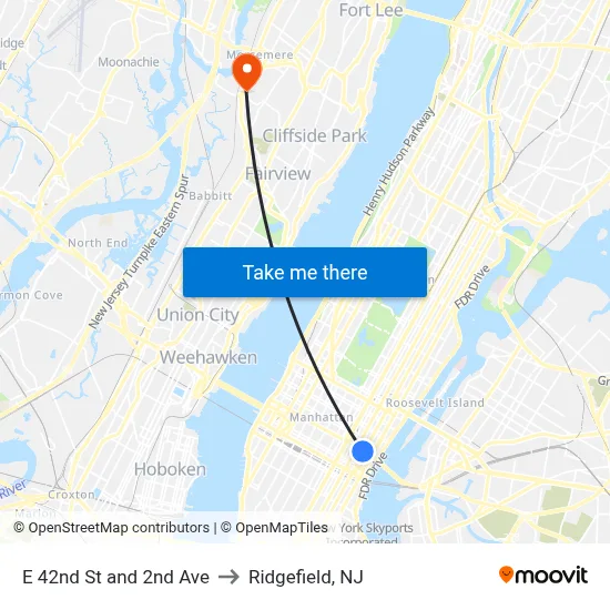 E 42nd St and 2nd Ave to Ridgefield, NJ map