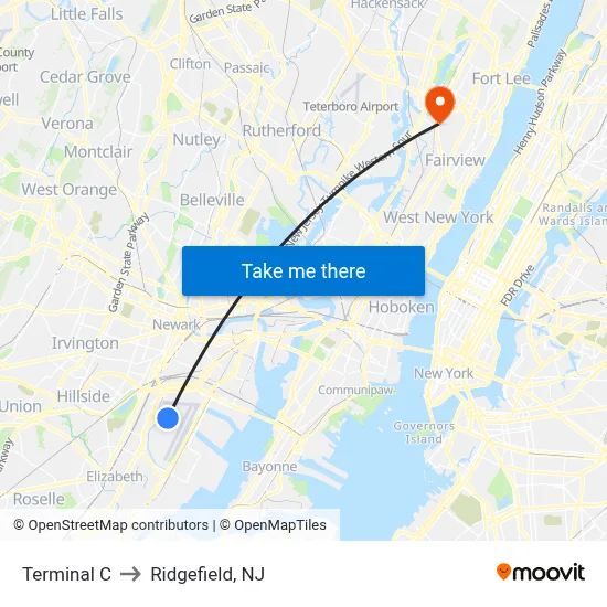Terminal C to Ridgefield, NJ map