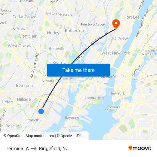 Terminal A to Ridgefield, NJ map