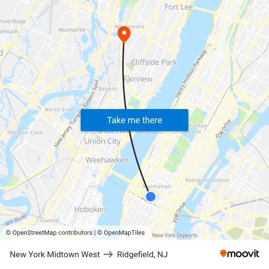 New York Midtown West to Ridgefield, NJ map