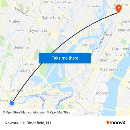 Newark to Ridgefield, NJ map